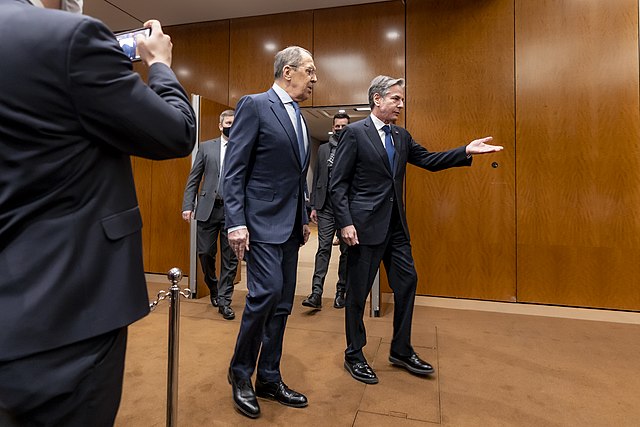 Secretary of State Antony J. Blinken meets with Russian Foreign Minister Sergey Lavrov in Geneva, Switzerland, on January 21, 2022. [State Department photo by Ron Przysucha/ Public Domain]